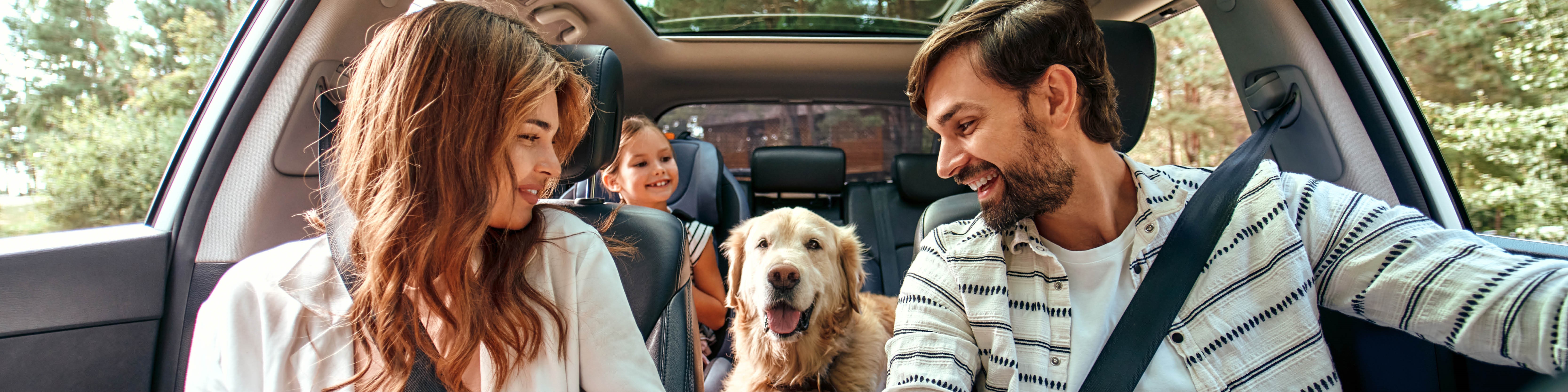 Family riding in car with dog 