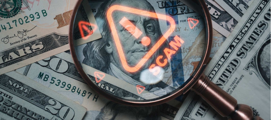 Magnifying glass with orange alert triangle sitting on top of cash