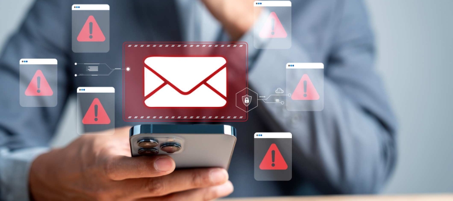 Man looking at cell phone and there are several red triangles indicating possible fraud
